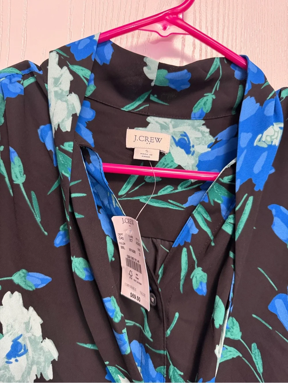 Women's Blue Floral Tie-Neck Blouse